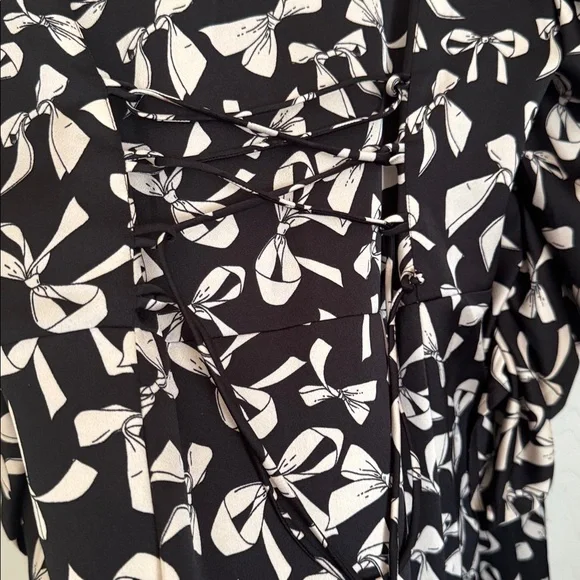 For Love & Lemons Angelica Bow Print Puff Ruched Sleeve Button Front Dress sz M - Picture 5 of 10